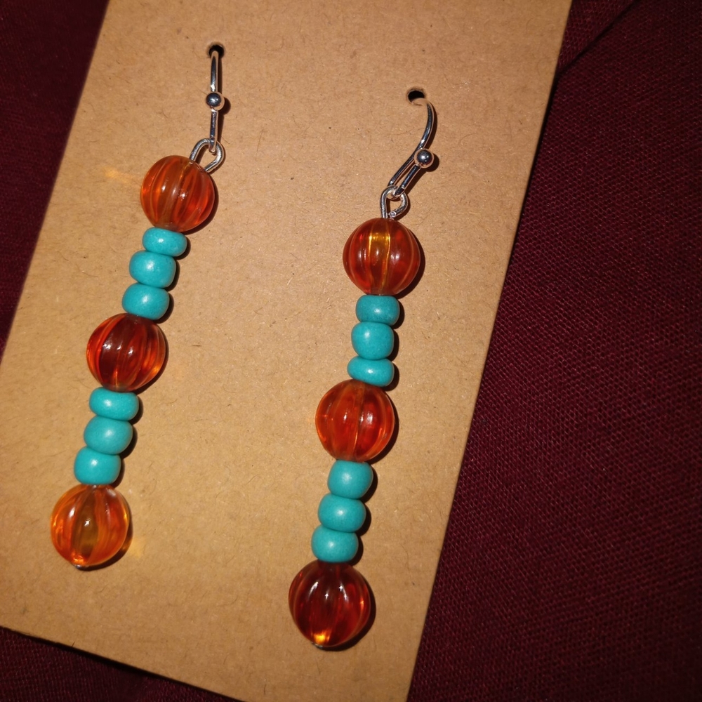 Hand crafted blown glass bright beaded statement drop earrings Orange And Aqua